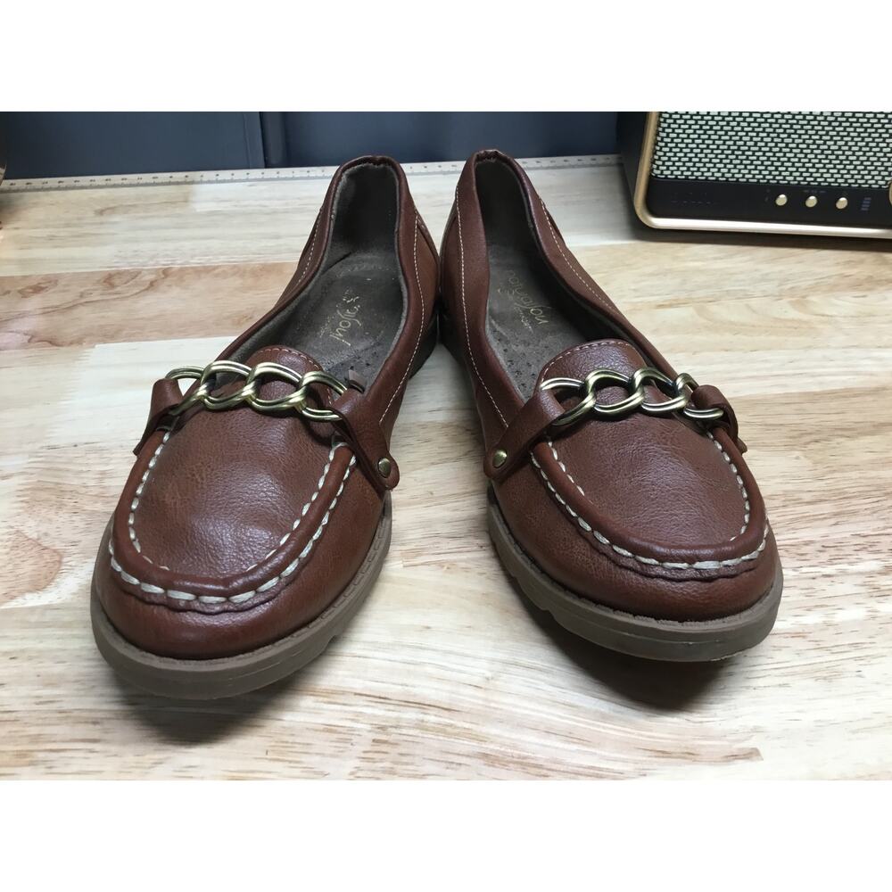 Natural Soul Loafers Women's Brown Faux Leather Gold Chain Wedge Comfort Shoes